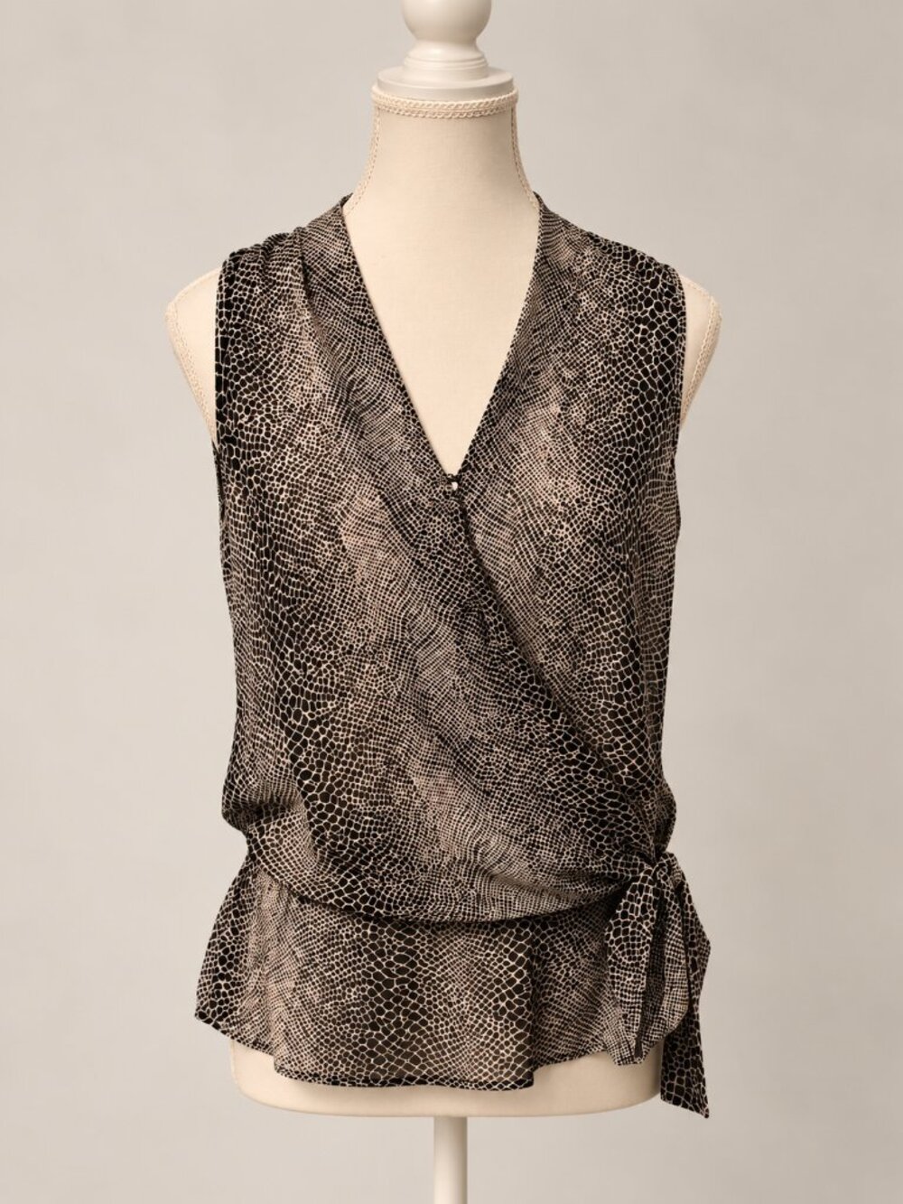 Michael Kors sleeveless blouse in black and beige snake/reptile print, women’s